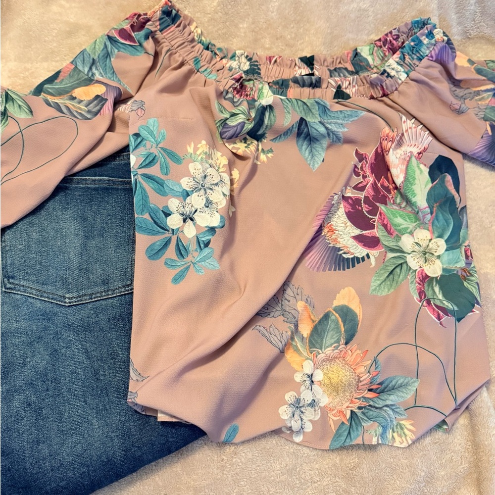 City Chic Floral Off-Shoulder Blouse - Pink and Blue
